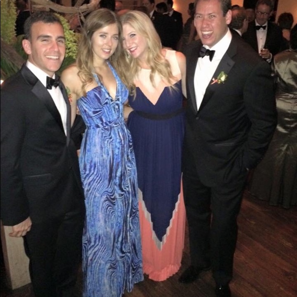 BCBG Navy, Coral, Nude color block pleated gown